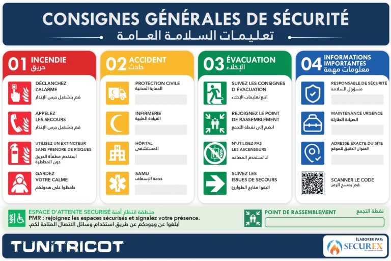 Consignes Générales de Sécurité tunisie incendie affichage de sécurité plan d'évacuation securex tunitricot tunisie industrie