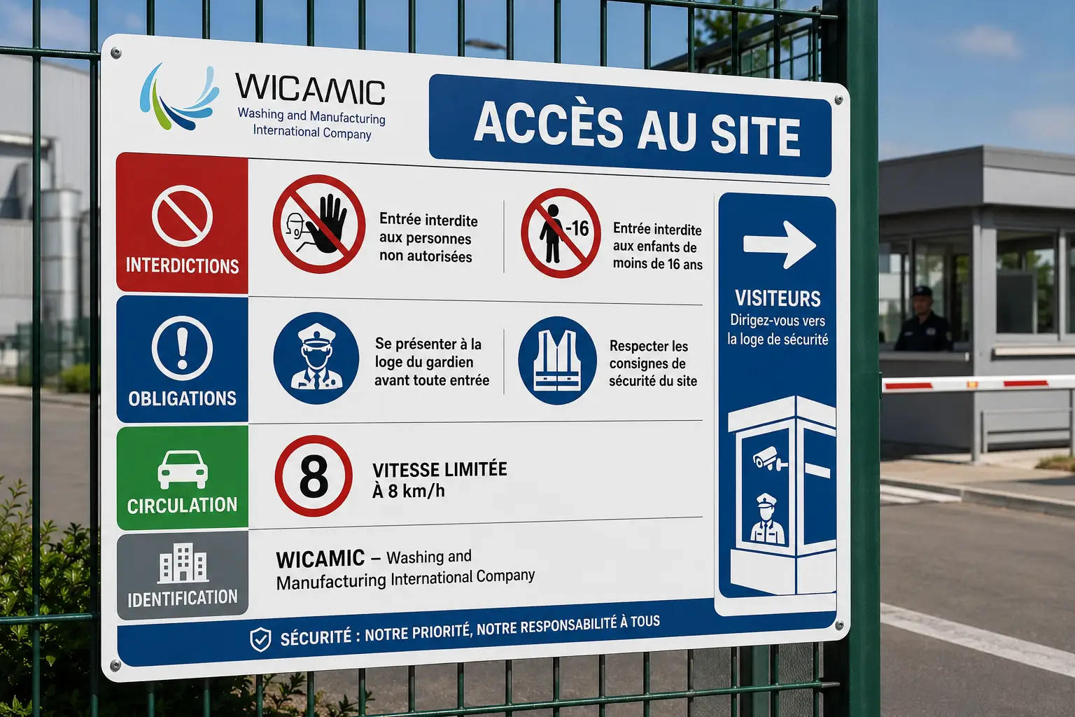 Panneau d'accès et de règles d'entrée sur un site industriel