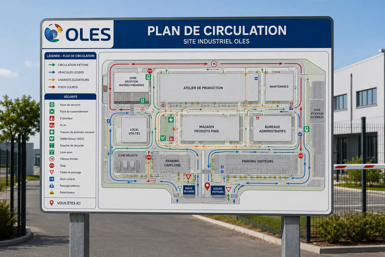 Plan de circulation piétons et engins affiché sur un site