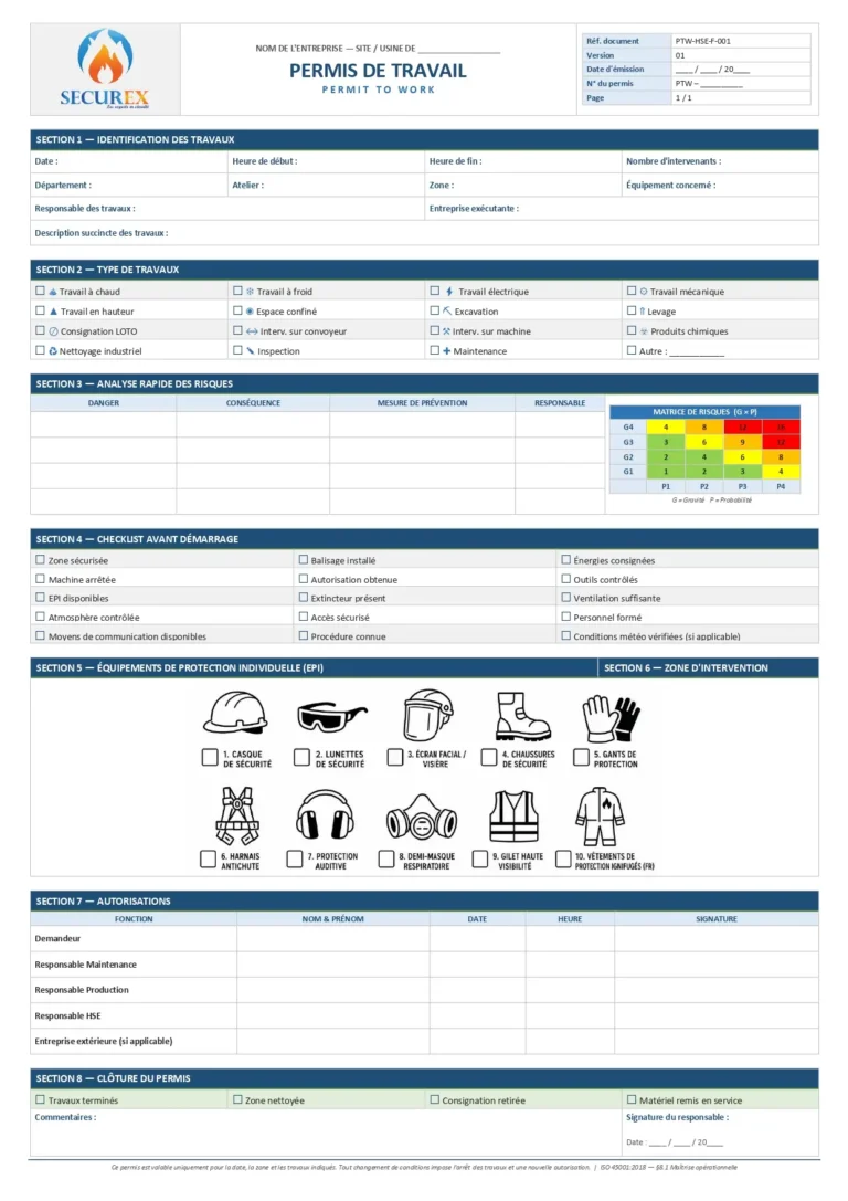 Modèle de permis de travail PTW au format Word et PDF pour interventions à risque en usine