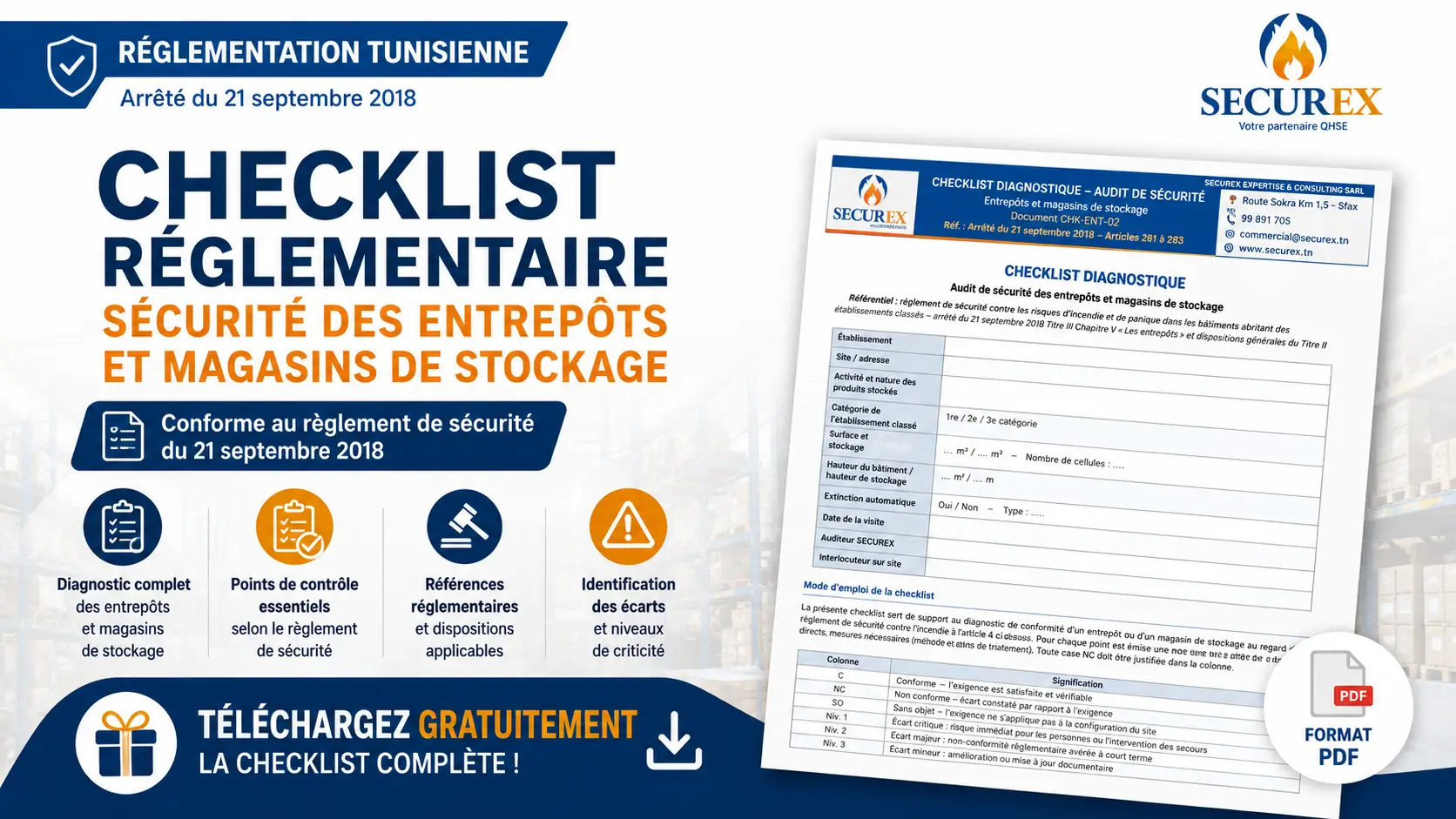 Aperçu de la checklist diagnostique SECUREX pour l'audit de sécurité des entrepôts et magasins de stockage