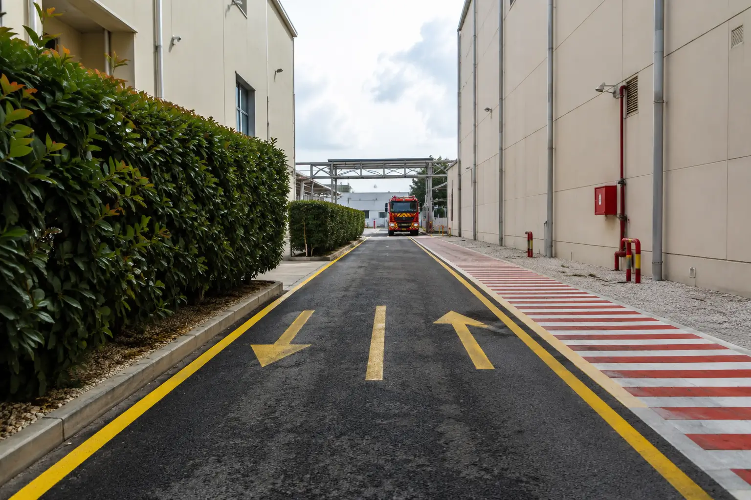 Voie engins tracée et balisée sur un site industriel
